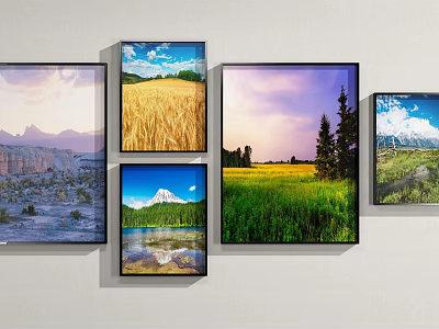 Collection of Landscape Paintings with Mountains Wheat Fields Lake Grassland and Sunset on Wall 3d model