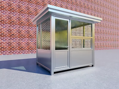 Modern Metal Security Booth With Glass Windows And Red Brick Wall Background 3d model