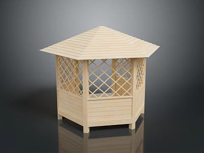 Wooden Hexagonal Gazebo With Lattice Windows And Sloped Roof Simple Outdoor Structure 3d model
