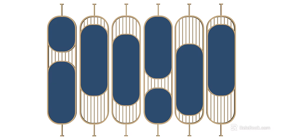 Elegant Room Divider With Gold Frame Blue Panels And Oval Vertical Stripes 3d model 