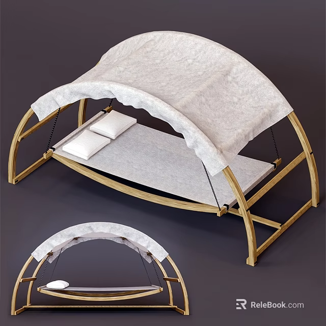 Outdoor Leisure Daybed Featuring Wooden Frame Arched White Canopy And White Pillows 3d model 