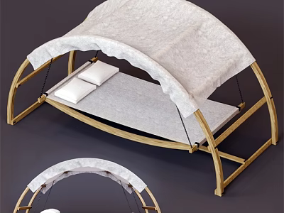 Outdoor Leisure Daybed Featuring Wooden Frame Arched White Canopy And White Pillows 3d model