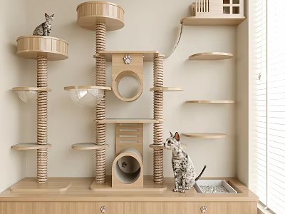 Wooden Bogu Shelf Cat Furniture With Platforms Cave And Litter Box For Cats 3d model