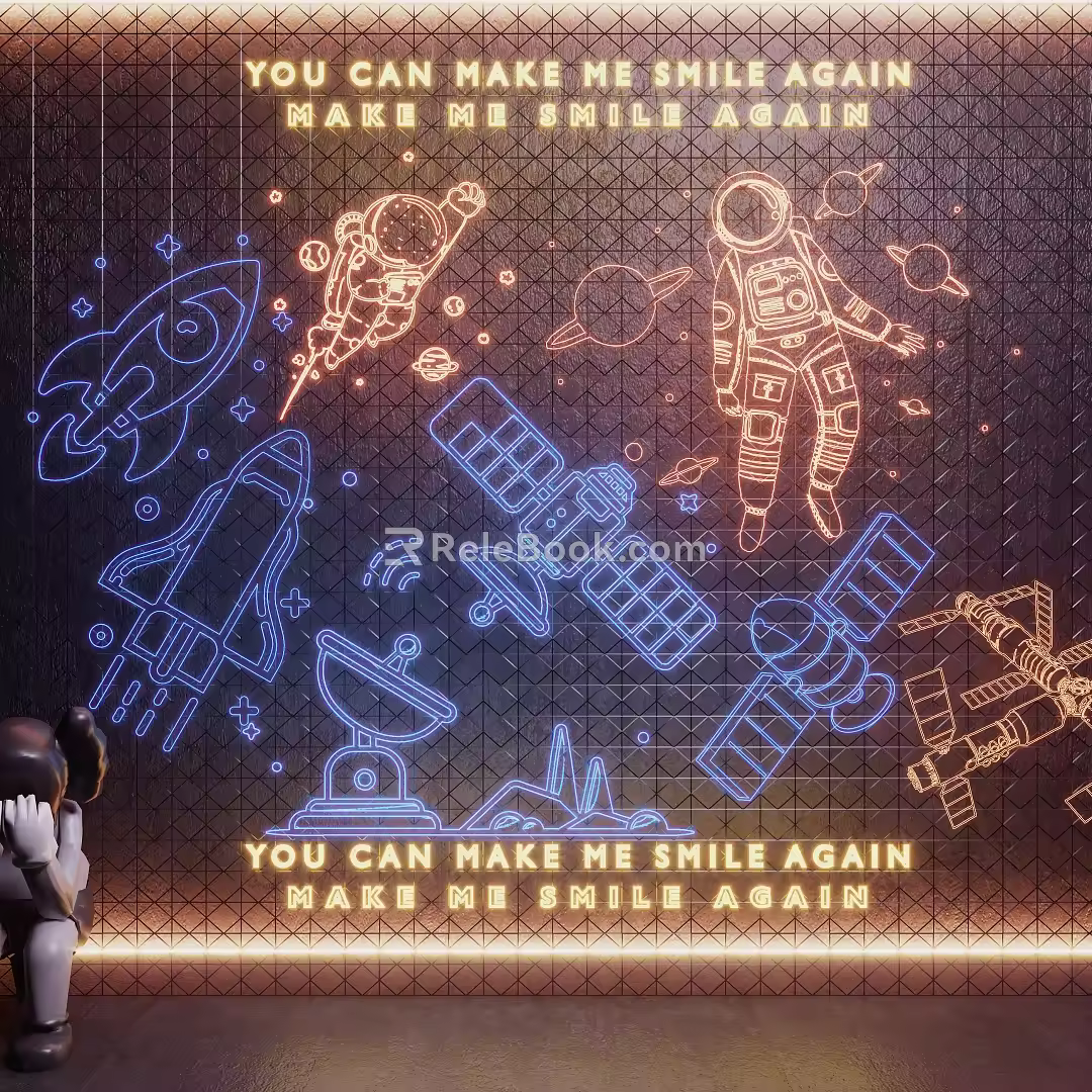 Astronaut Neon Spacecraft Rocket Spacecraft Decorative Lights Net Red Pushcard Photo Wall 3d model