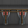 Traditional Chinese Wooden Component Featuring Tile Roof And Displayed Plates Vases Books Lanterns