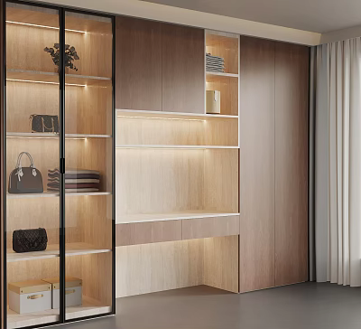 Modern Wooden Wardrobe With Glass Display Shelves And LED Lighting Design 3d model