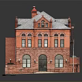 Historic Red Brick Building With Gabled Roof Arched Windows And Stone Steps