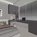 Modern Bedroom Dressing Table by Window with Grey Cabinetry Round Mirror Laptop and Drawers