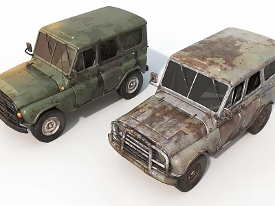 Two Vintage Off Road Vehicles Green And Rusty Worn Out Exterior Design 3d model