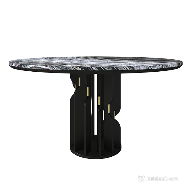 Modern Round Dining Table With Veined Marble Top And Black Gold Accent Base 3d model 