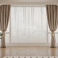 Beige Thick Curtains With Sheer Layer And Golden Tiebacks For Arched Window Wooden Floor