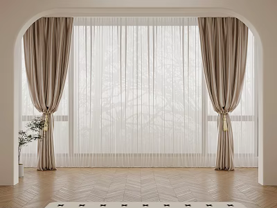 Beige Thick Curtains With Sheer Layer And Golden Tiebacks For Arched Window Wooden Floor 3d model