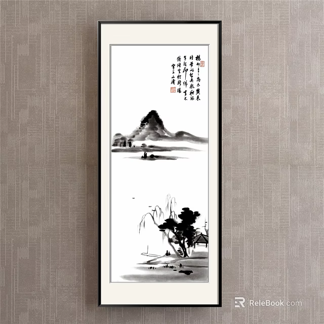 Chinese Traditional Landscape Painting With Mountain Water Small Boat Willow Tree And Calligraphy 3d model 