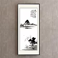 Chinese Traditional Landscape Painting With Mountain Water Small Boat Willow Tree And Calligraphy