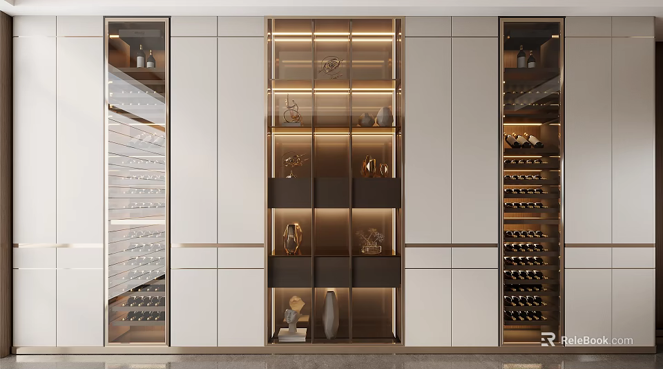 Modern Wine Cabinet Design With Glass Doors Layered Shelves Wine Bottles And Decorative Items 3d model 