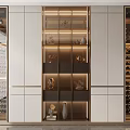 Modern Wine Cabinet Design With Glass Doors Layered Shelves Wine Bottles And Decorative Items