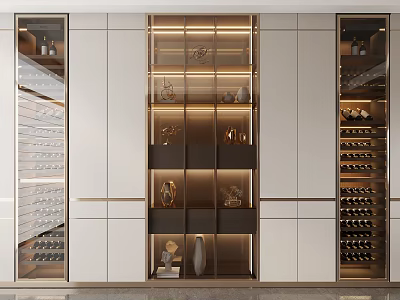 Modern Wine Cabinet Design With Glass Doors Layered Shelves Wine Bottles And Decorative Items 3d model