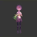 Anime 3D Game Character With Purple Short Hair Red Bow Pink Skirt Holding Megaphone