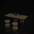 Rustic Wooden Dining Table With Metal Frame And Round Wooden Stools Topped With Liquor Bottles