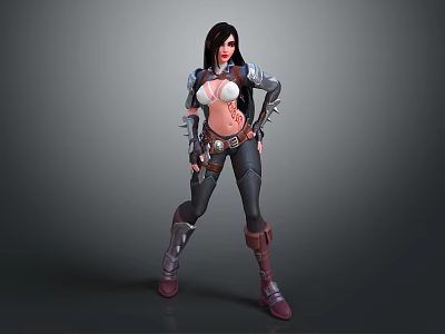 Confident Female Warrior Character In Leather Armor With Metal Accents And Long Hair 3d model