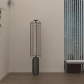 Modern Minimalist Floor Lamp With Cylindrical Fabric Shade In Beige Wall Wooden Floor Slatted Partition Room