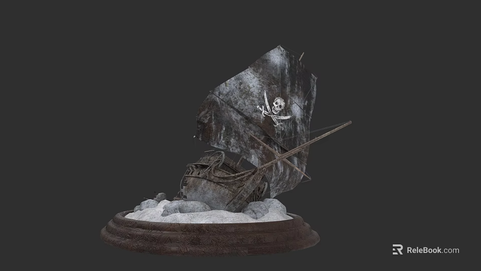 Broken Sailing Ship Model Featuring Skull Design On Snow Covered Stone Base 3d model
