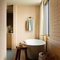 Modern Bathroom Interior Design With Wooden Cabinets Bathtub Large Window And Red Towel
