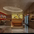 Modern Restaurant Interior With Red Walls Food Display Posters Dining Tables And Chairs