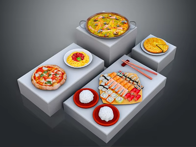 Assorted Foods Including Pizza Sushi And Paella On White Cube Display Stands With Chopsticks 3d model