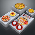 Assorted Foods Including Pizza Sushi And Paella On White Cube Display Stands With Chopsticks
