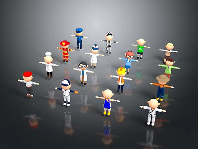 Colorful Cartoon Characters of Different Professions Standing in a Circle 3d model