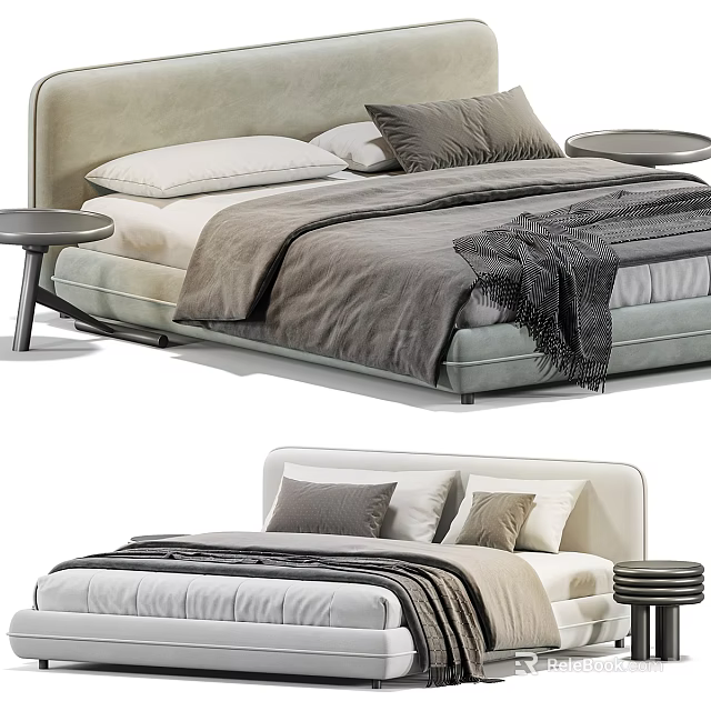 Modern Double Bed with Upholstered Headboard Gray White Bedding and Side Tables 3d model