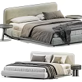 Modern Double Bed with Upholstered Headboard Gray White Bedding and Side Tables 3d model