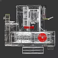 Industrial CNC Machining Center with White Open Workspace Red Component and Yellow Black Warning Strips