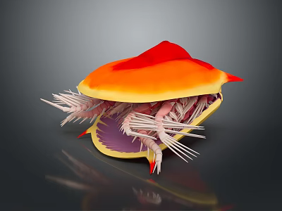 3D Anatomical Structure With Red Orange Top Yellow Edges Purple Interior White Spiny Tentacles 3d model