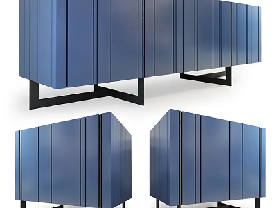 Sleek Modern Entryway Side Cabinet With Blue Finish Metal Frame And Vertical Slats Design 3d model