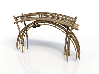 Ornamental Traditional Bamboo Bridge Structure With Curved Arches And Woven Railings 3d model