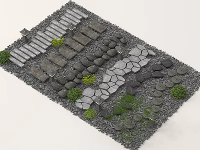 Garden Pathway Design with Stone Slabs Pebble Ground and Small Green Plants 3d model