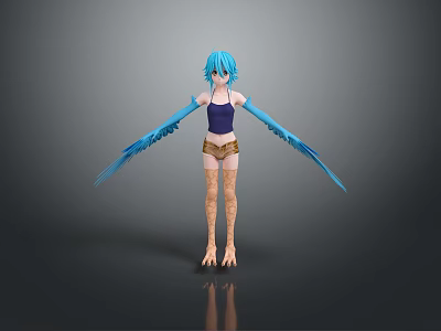 3D Fantasy Character With Blue Hair Blue Winged Arms Scaly Legs And Clawed Feet 3d model