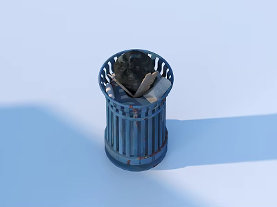 Blue Metal Trash Can with Paper and Stones Inside on Light Blue Background 3d model