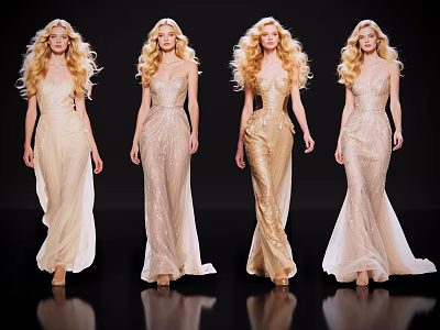 Multiple Women With Golden Hair Wearing Elegant Gowns On Black Background 3d model
