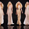 Multiple Women With Golden Hair Wearing Elegant Gowns On Black Background