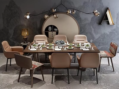 Elegant Modern Dining Table Set With Wooden Top Upholstered Chairs Tableware And Hanging Chandelier 3d model