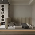 Modern Bedroom Interior With Upholstered Headboard White Pillows Dark Blanket And Round Decor Cabinets