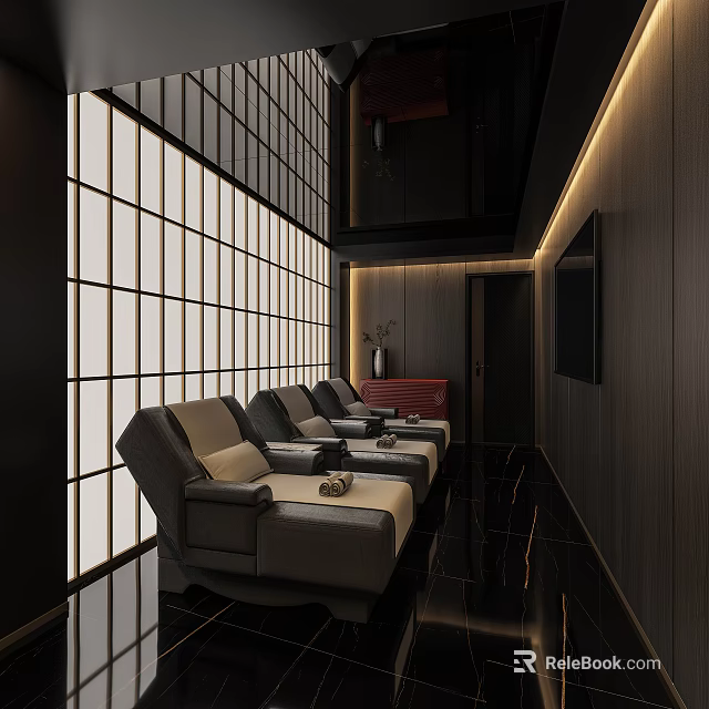Elegant Modern SPA Sauna Interior With Comfortable Lounge Chairs Japanese Style Partitions And Soft Lighting 3d model 