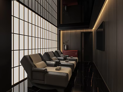 Elegant Modern SPA Sauna Interior With Comfortable Lounge Chairs Japanese Style Partitions And Soft Lighting 3d model