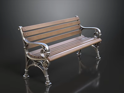 Elegant Wooden Slatted Bench With Decorative Metal Armrests And Curved Legs 3d model