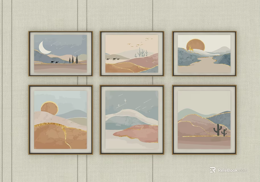 Abstract Framed Wall Art With Mountain Sun Moon And Cactus Designs 3d model