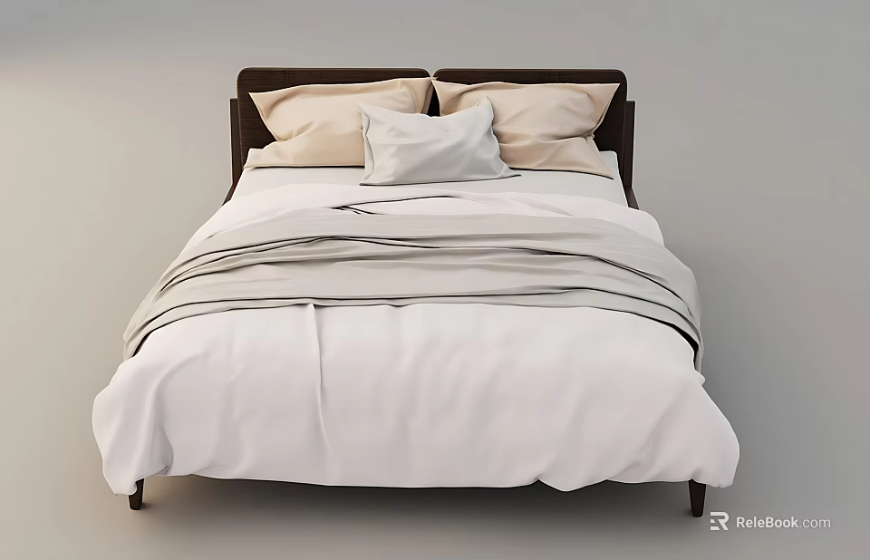 Double Bed with Dark Wooden Headboard Light Colored Pillows White Bedspread and Gray Striped Details 3d model 