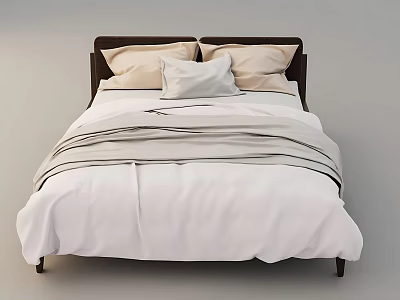 Double Bed with Dark Wooden Headboard Light Colored Pillows White Bedspread and Gray Striped Details 3d model